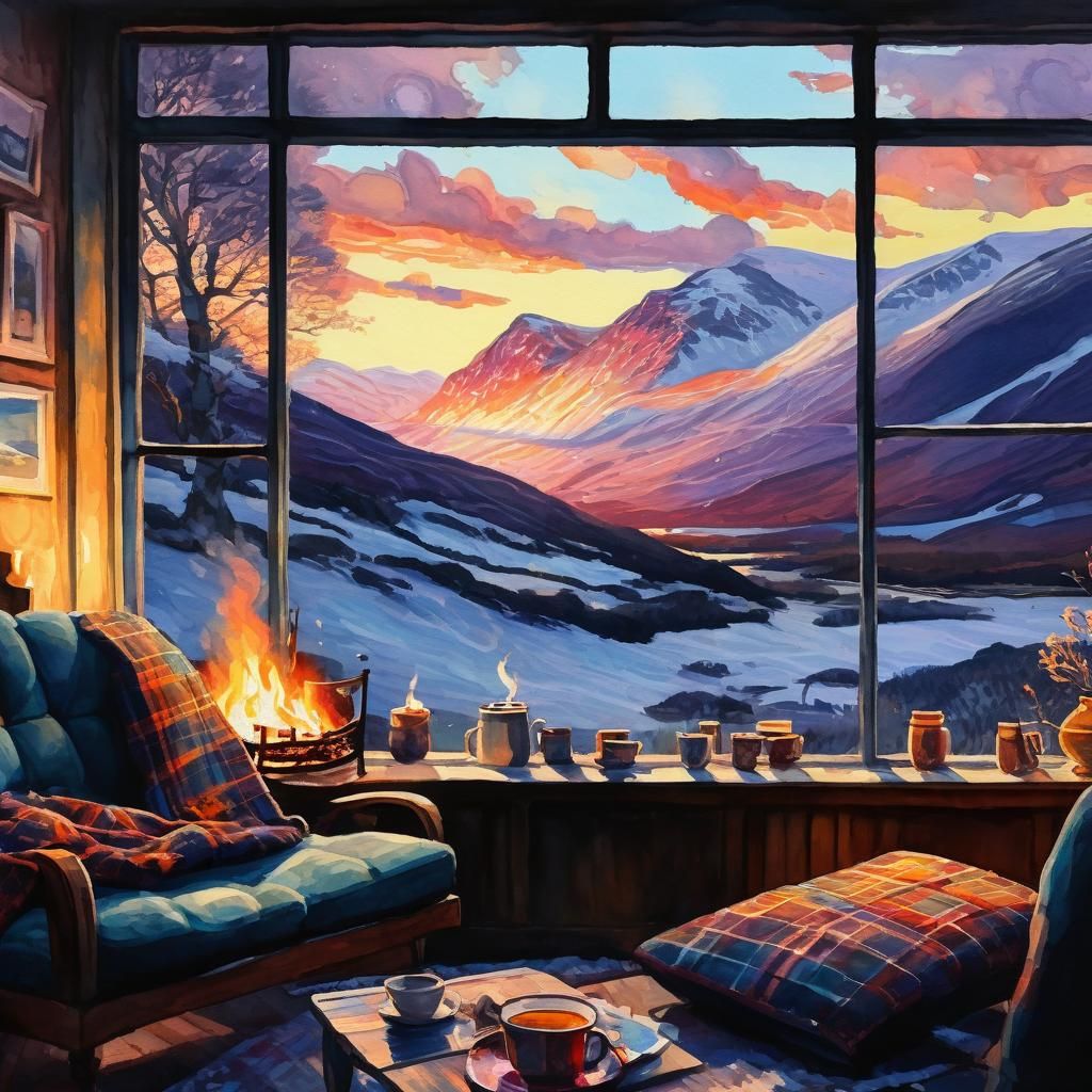 Highland Sunset: Cozy Lounge in Gouache Style