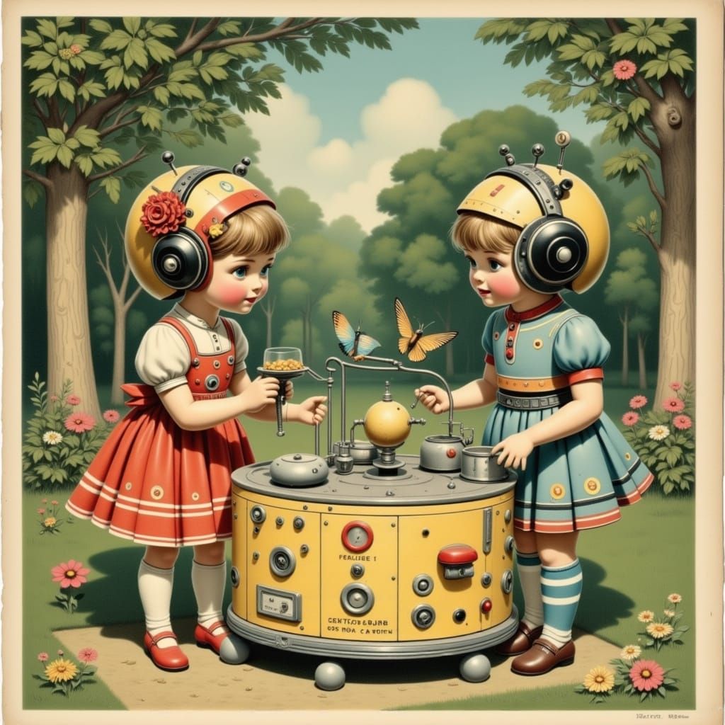 Vintage Robot Children in Park, French Style