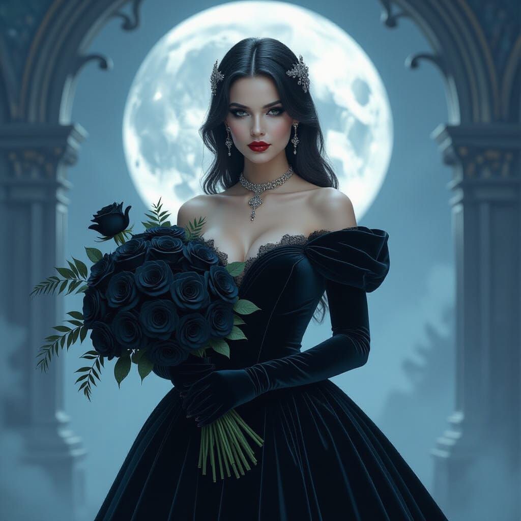 Goth Queen with Black Roses in Moonlit Scene