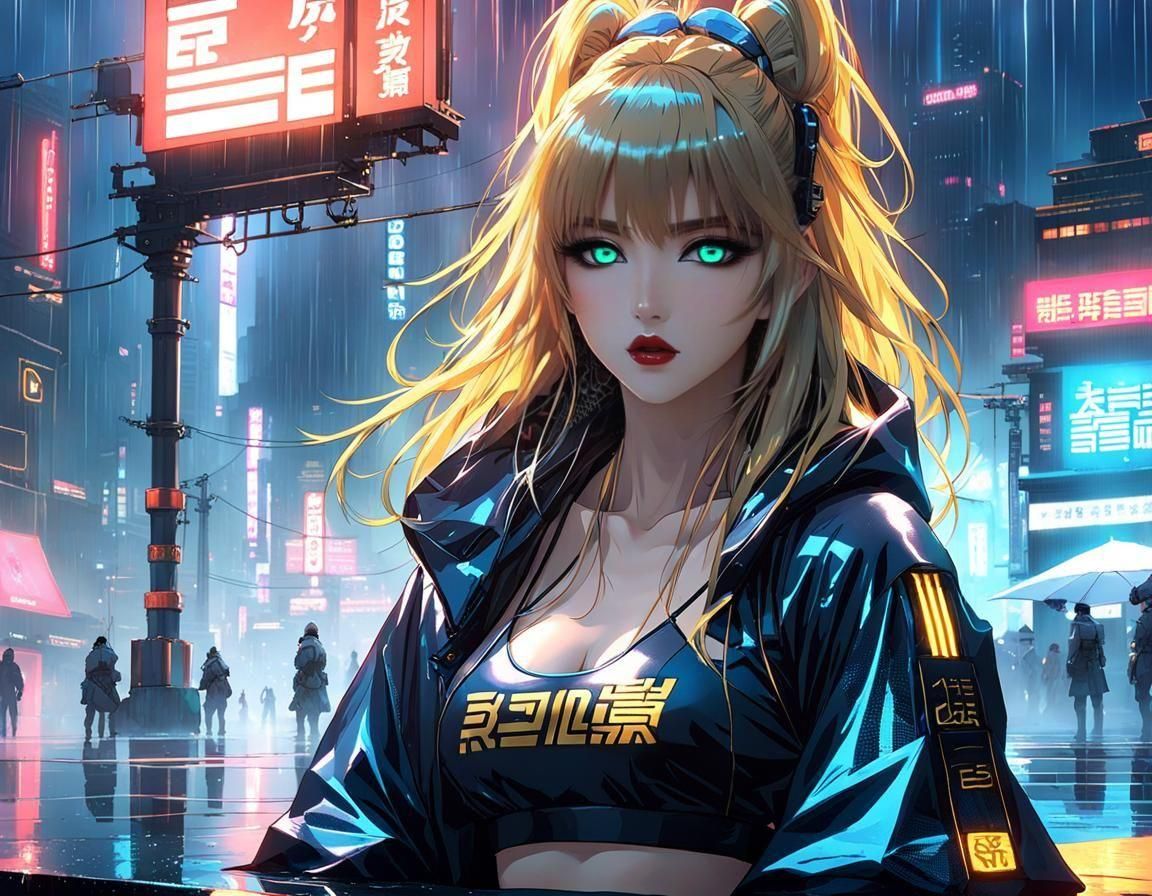 Cyberpunk Girl Watching Rain in Blade Runner City