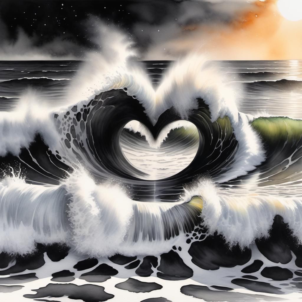 Ocean Heart Waves in Black and White Graffiti Art