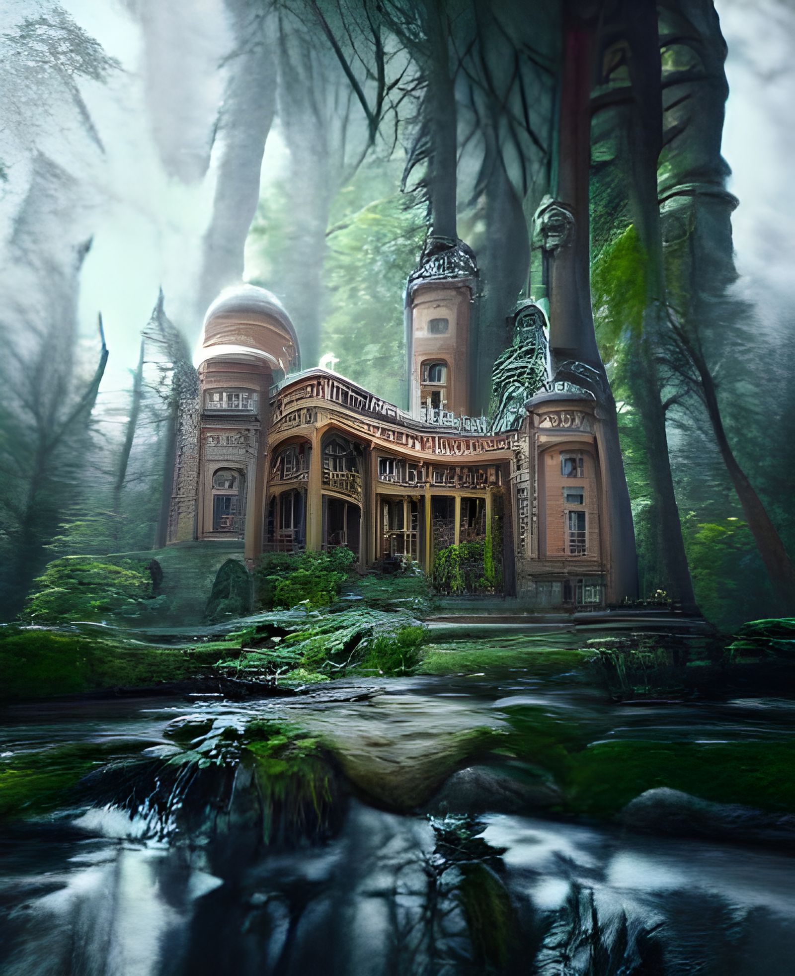 Astral Palace in Forest: Holographic Mixed Media Illustratio...