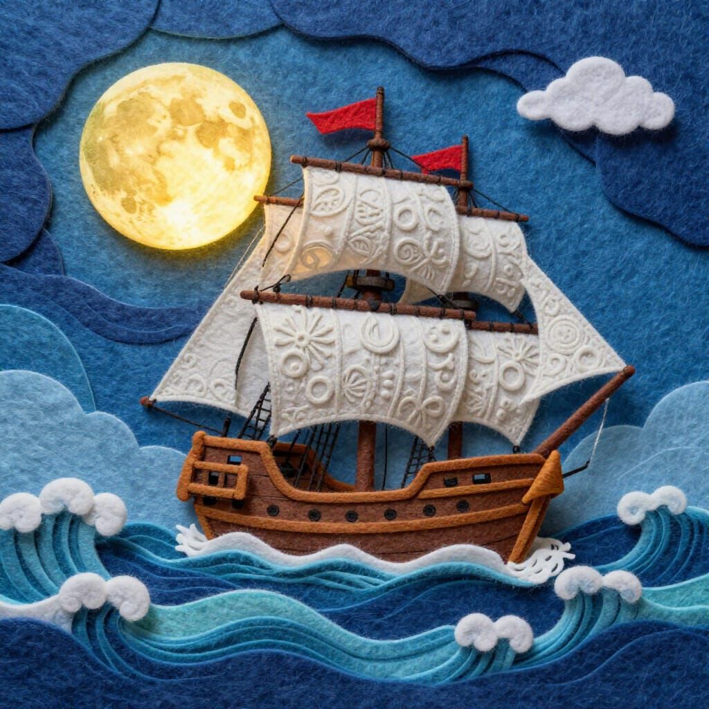 Pirate Ship on Felt Waves Under Glowing Moon in Triadic Colo...