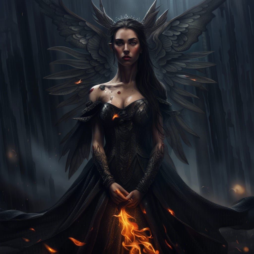 Striking Dark Elf Queen in Rain with Wings