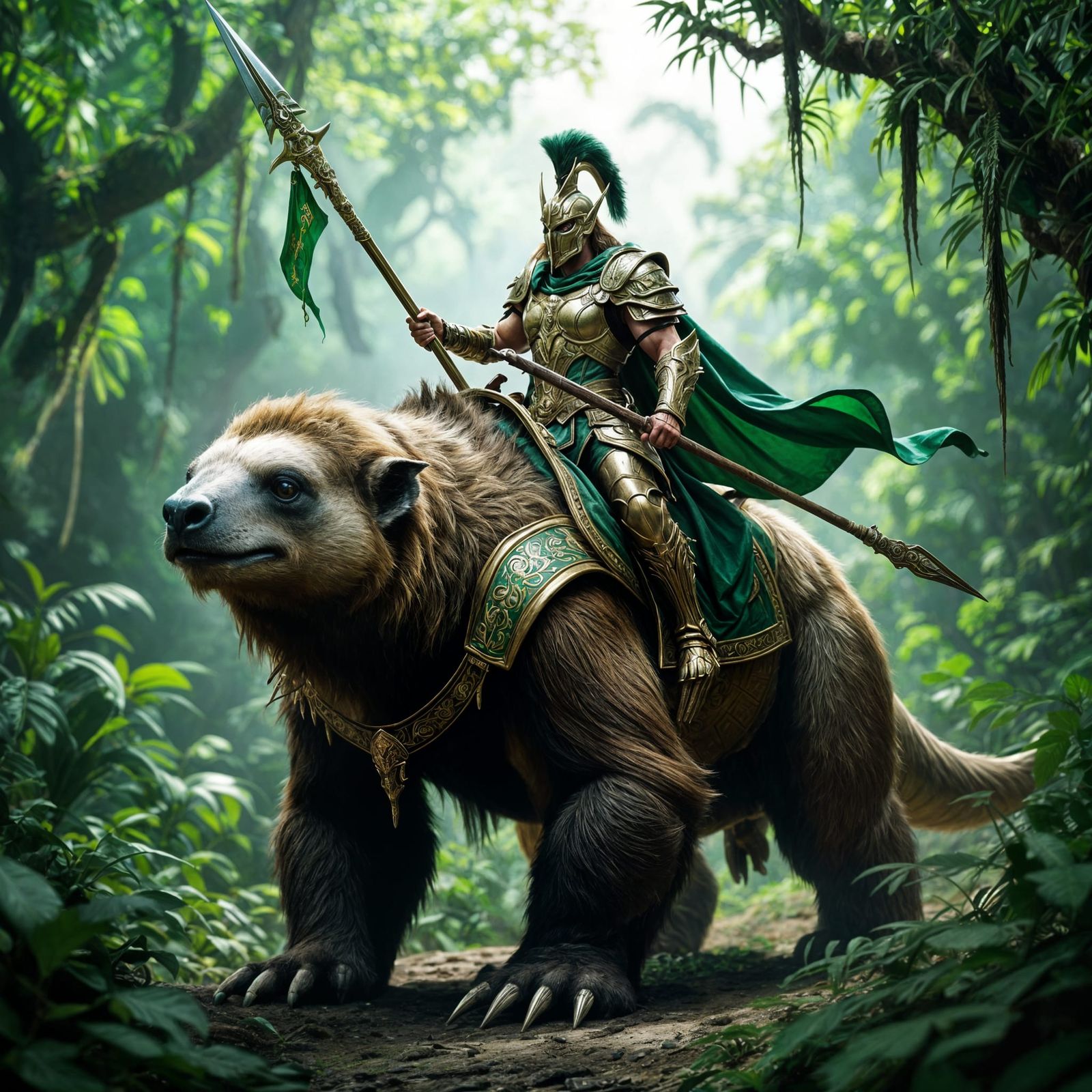 Elven Spearman Rides Armored Megatherium in Jungle