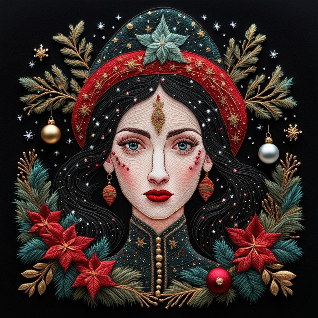 Intricate 3D Embroidery: Pin-Up Mother Christmas