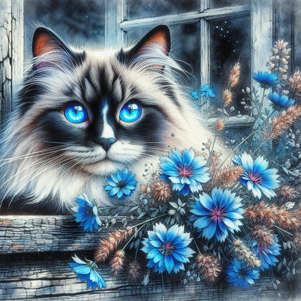 Ragdoll Cat in Wildflower Window Box: Watercolor Painting