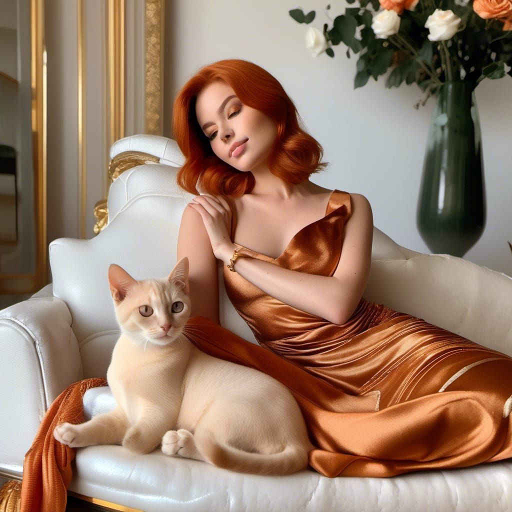 Smiling Woman with Burmese Kitten on Orange Lounge