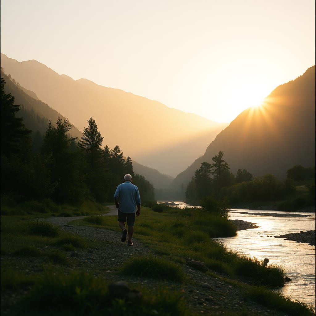 Elderly Couple Stroll by River in Golden Light