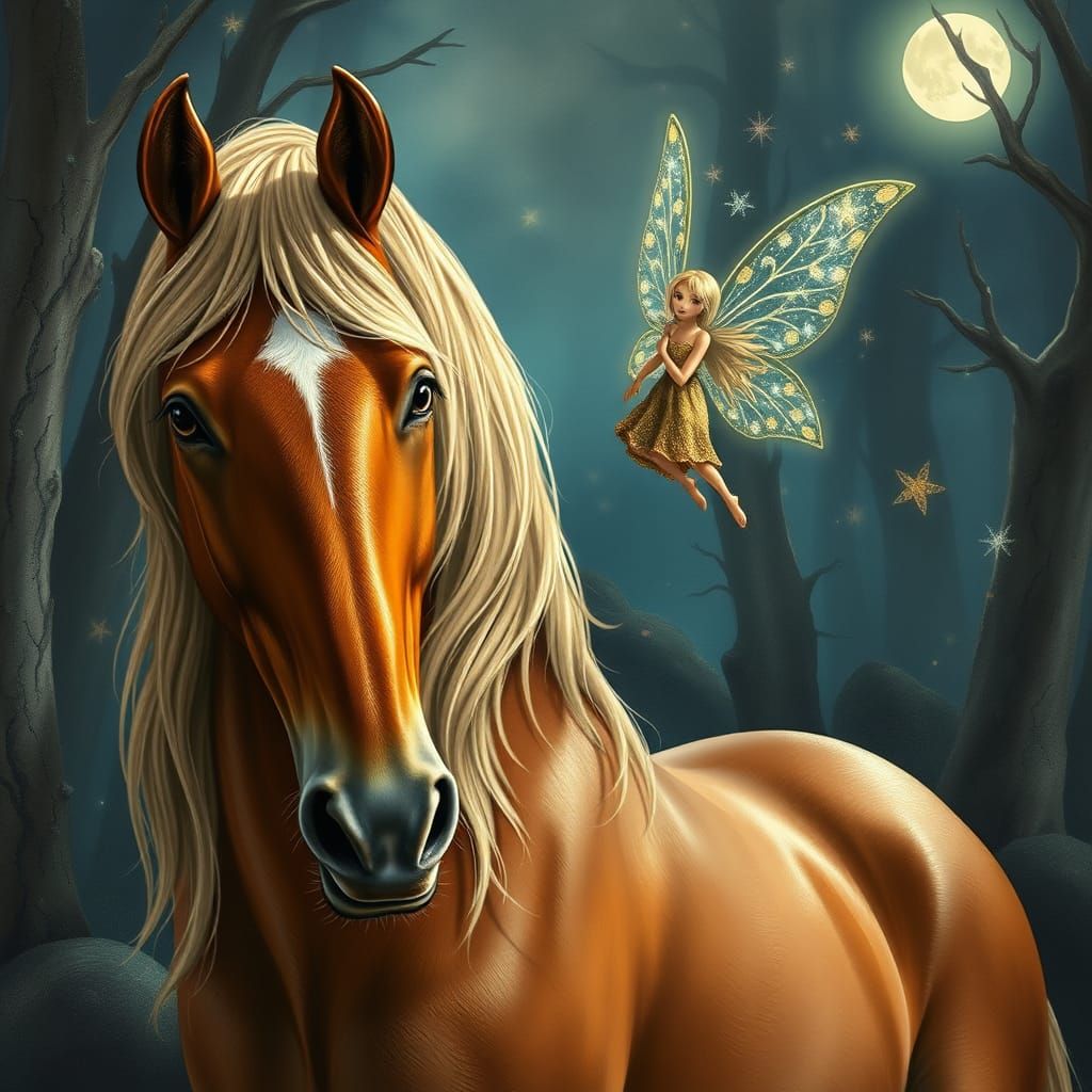 Majestic Chestnut Mare with Whimsical Fairy Companion