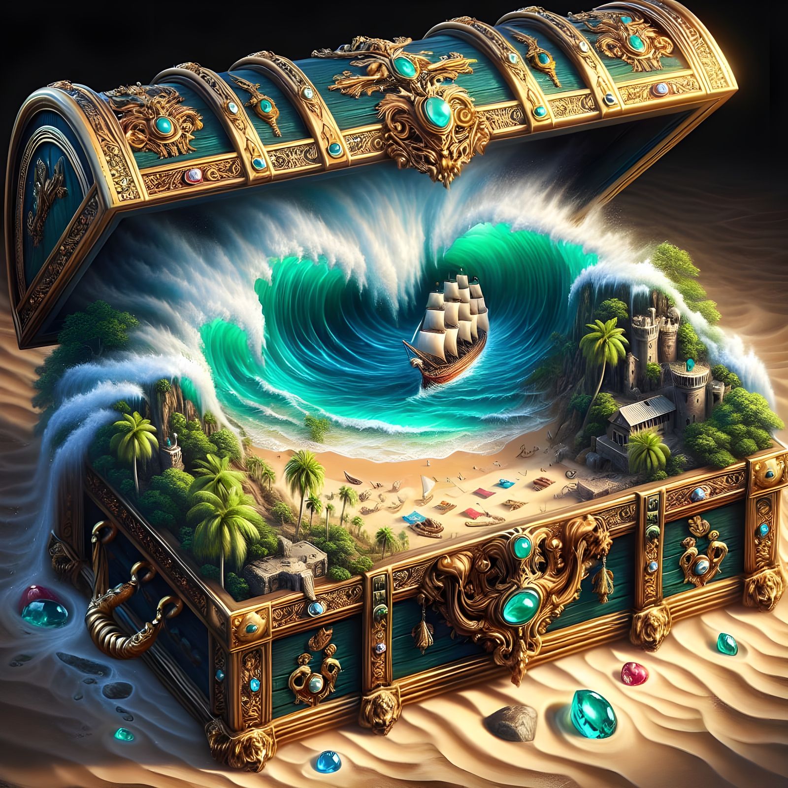 Miniature Seascape Inside Ornate Treasure Chest