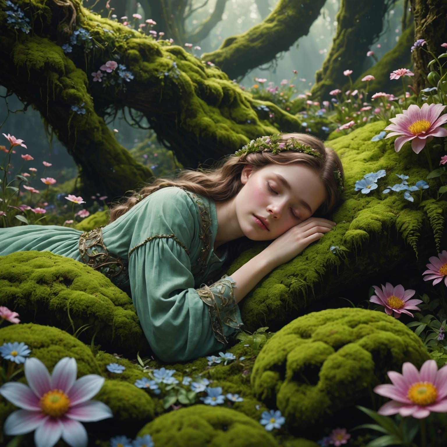 Ethereal Girl Sleeping in a Mossy Flower Garden