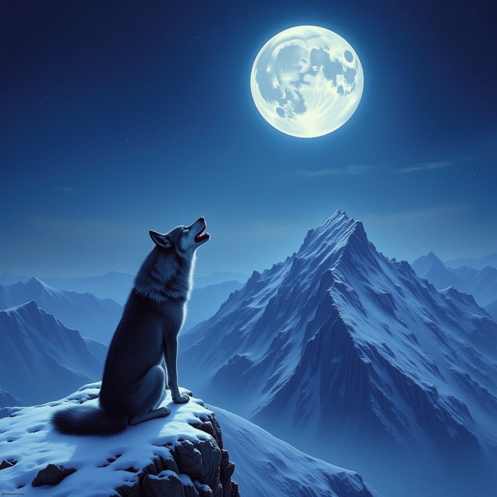Wolf Howling at Moon on Snowy Peak, Dark Fantasy Style