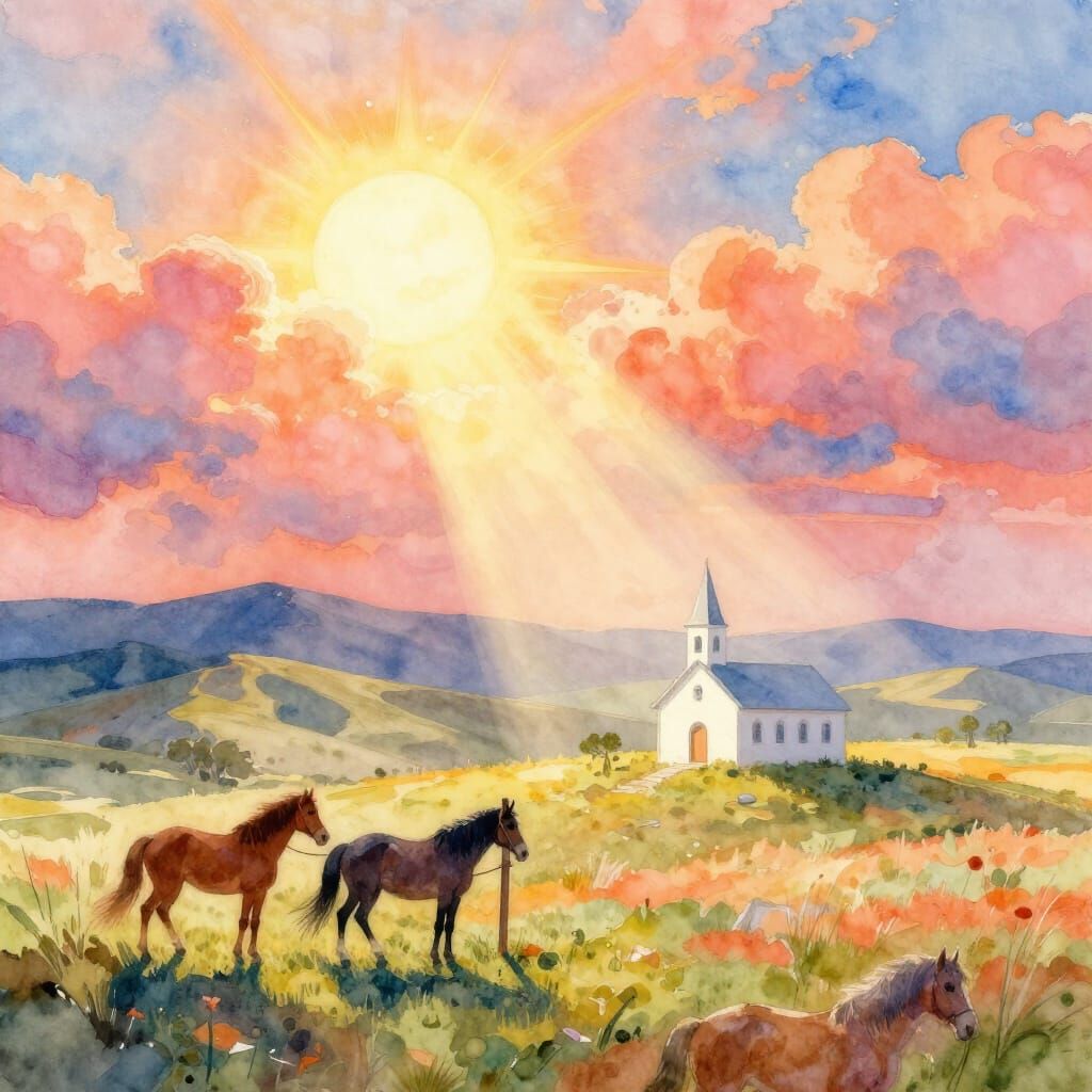 Heavenly Watercolor Church Scene with Multicolored Horses