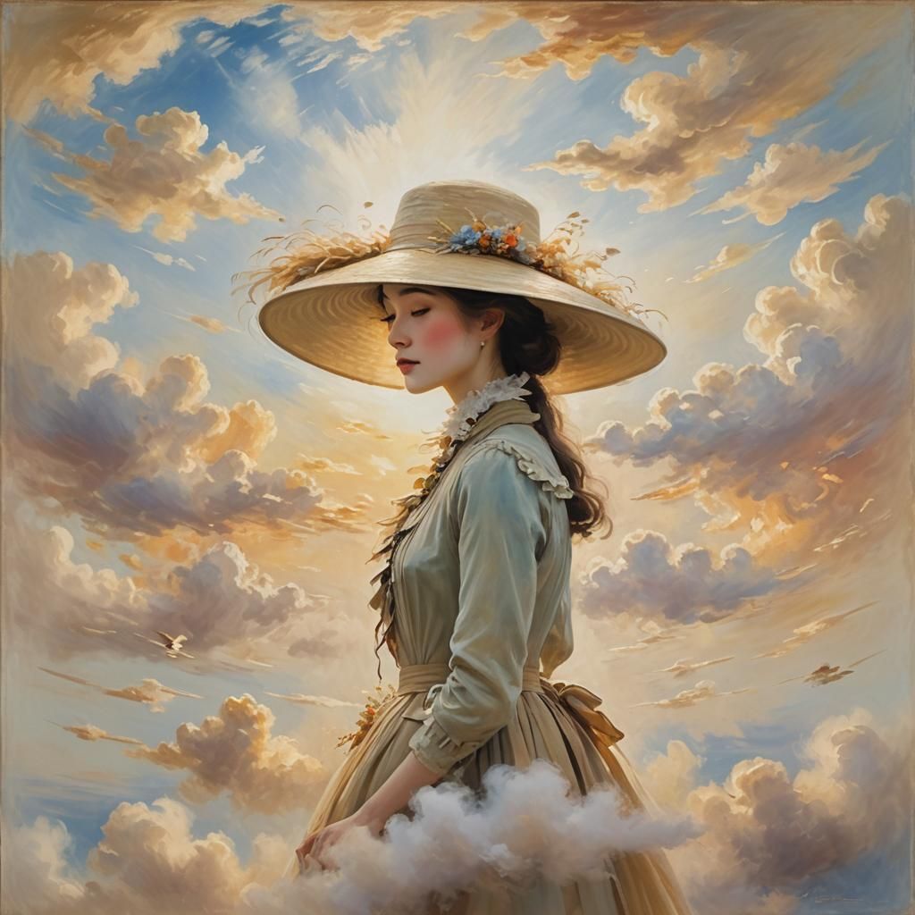 Wide-Brimmed Hat Floating in Impressionistic Clouds