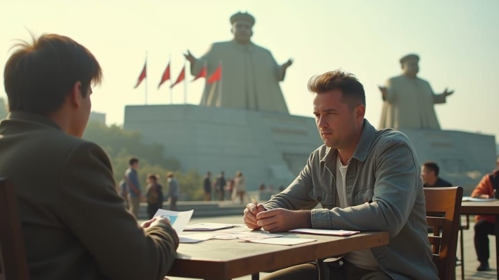 American Man at Mansu Hill Monument: Cinematic Film Still