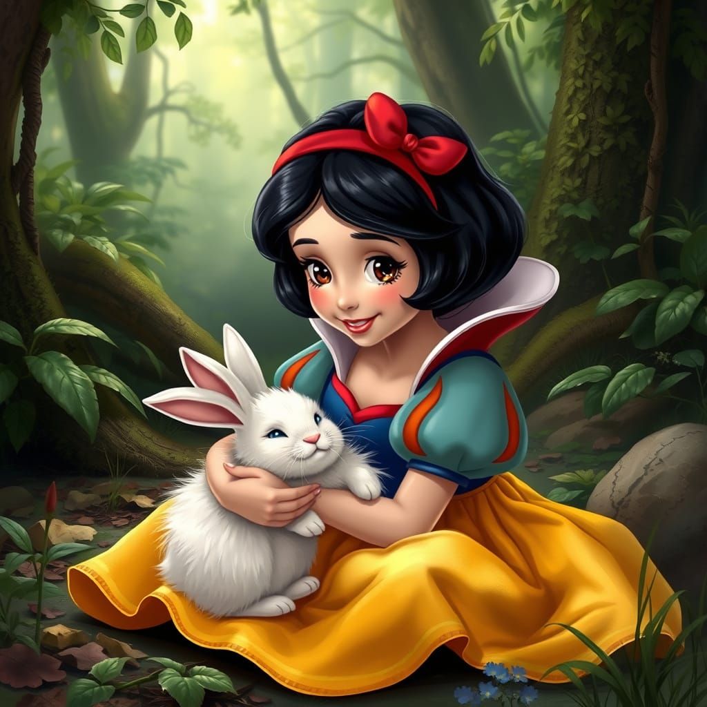 Snow White Petting Bunny in Realistic Forest