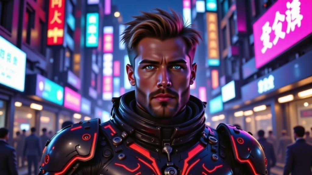 Chinese Mecha Warrior in Neon-Lit Ancient City at Night