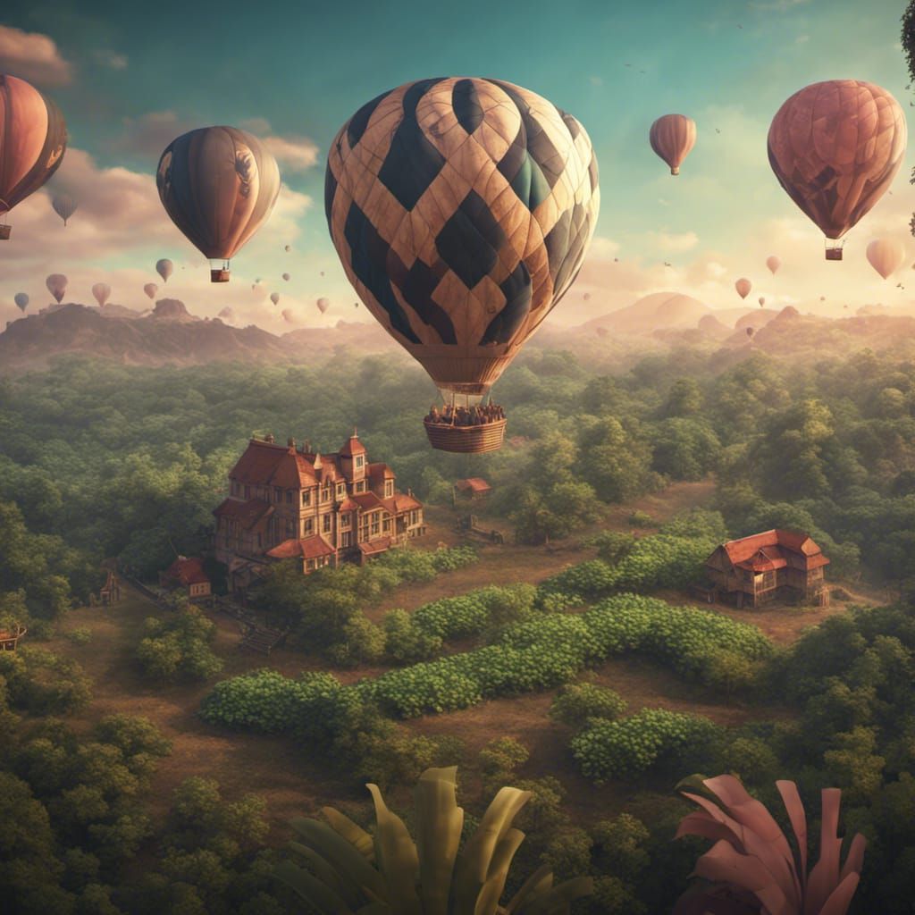 Hot Air Balloon Over Plantation: Fantasy Concept Art
