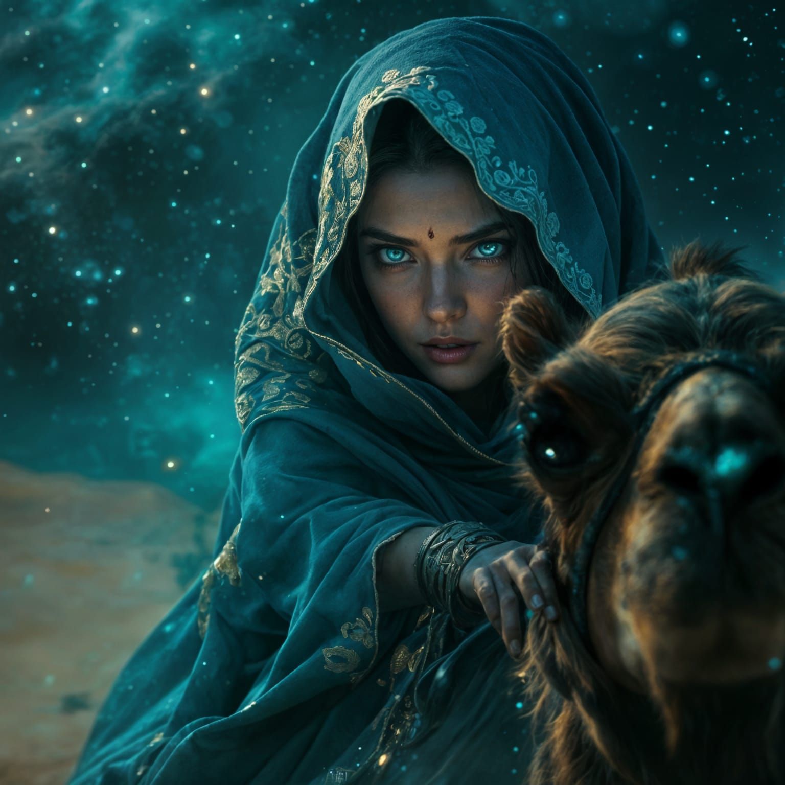 Nomadic Woman on Camel in Desert Night