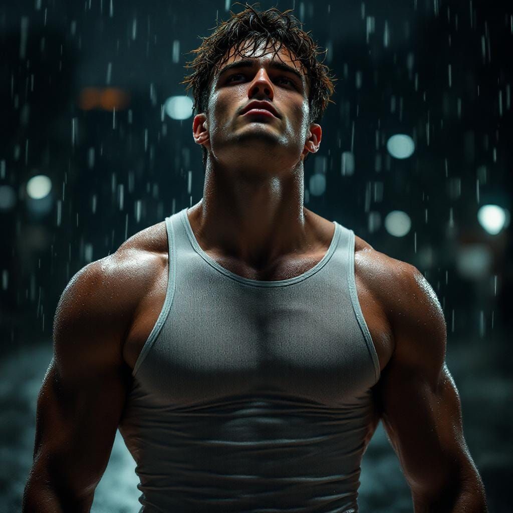 Dramatic Portrait of Muscular Young Man in Rain