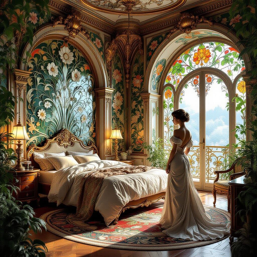Opulent Art Nouveau Bedroom 1901 with Floral Motifs