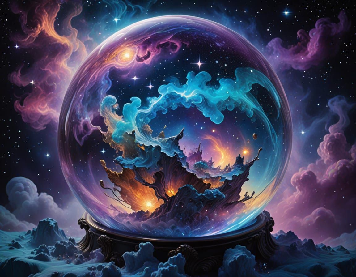 Surreal Cosmic Scene in Crystal Ball with Ethereal Glow
