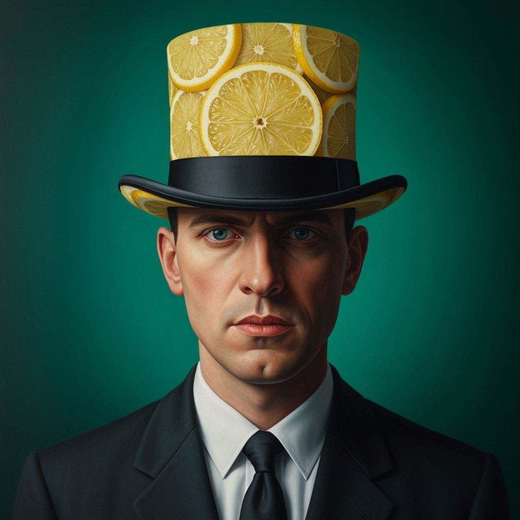 Surreal Portrait of a Man Wearing a Lemon Slice Top Hat