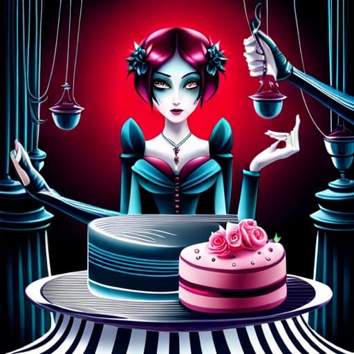A goth girl making a big Black cake with white stripes and white gothic details, gothic style triadic colors Splash art ...