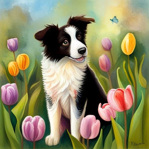 Cute Border Collie puppy  tulips