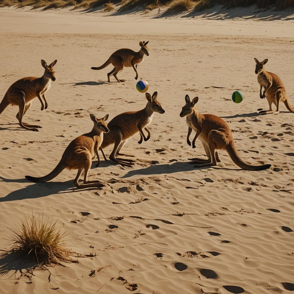 Kangaroos Play Volleyball on Sunny Beach