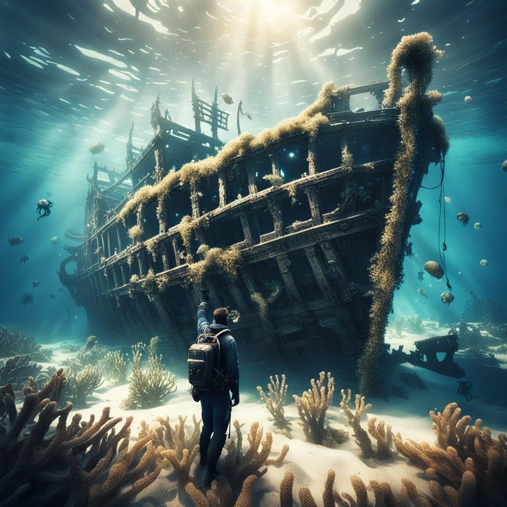 Diver Discovers Unknown Wooden Shipwreck. AI image prompt in...