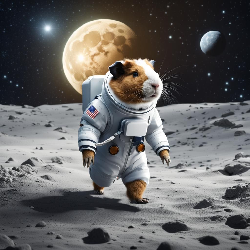 Guinea Pig Astronaut Walking on the Moon