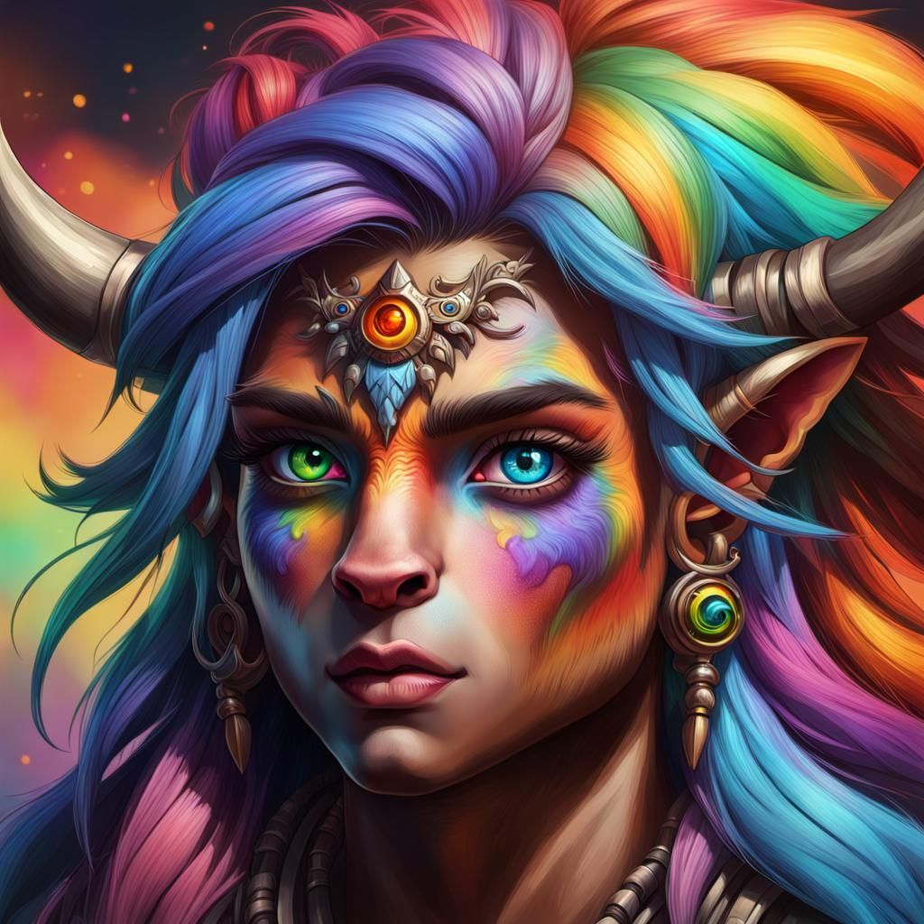 Hyperrealistic Tauren Female with Rainbow Hair