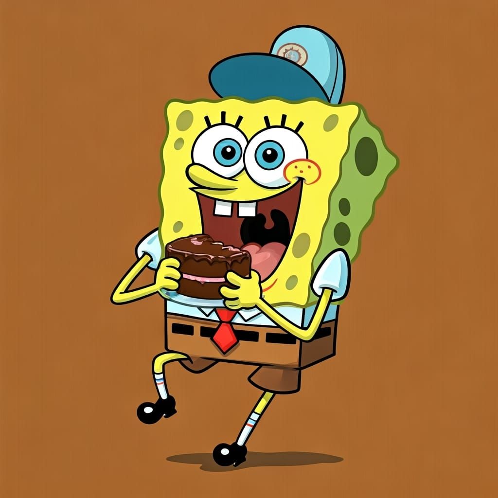 SpongeBob Devouring Chocolate Cake in Whimsical Style