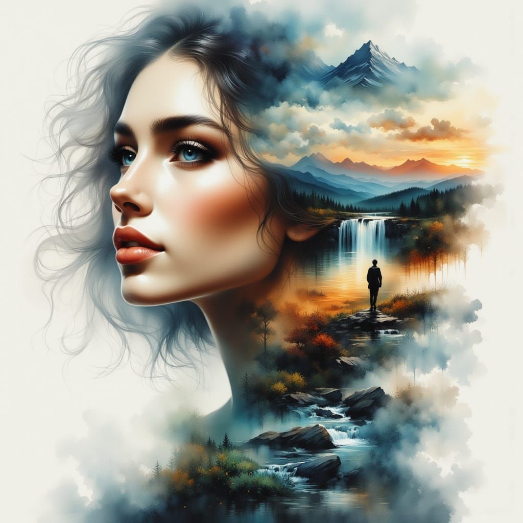 Double Exposure Portrait: Woman and Landscape in Harmony