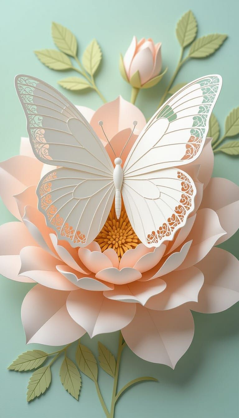 White Papercut Butterfly on Pastel Flower