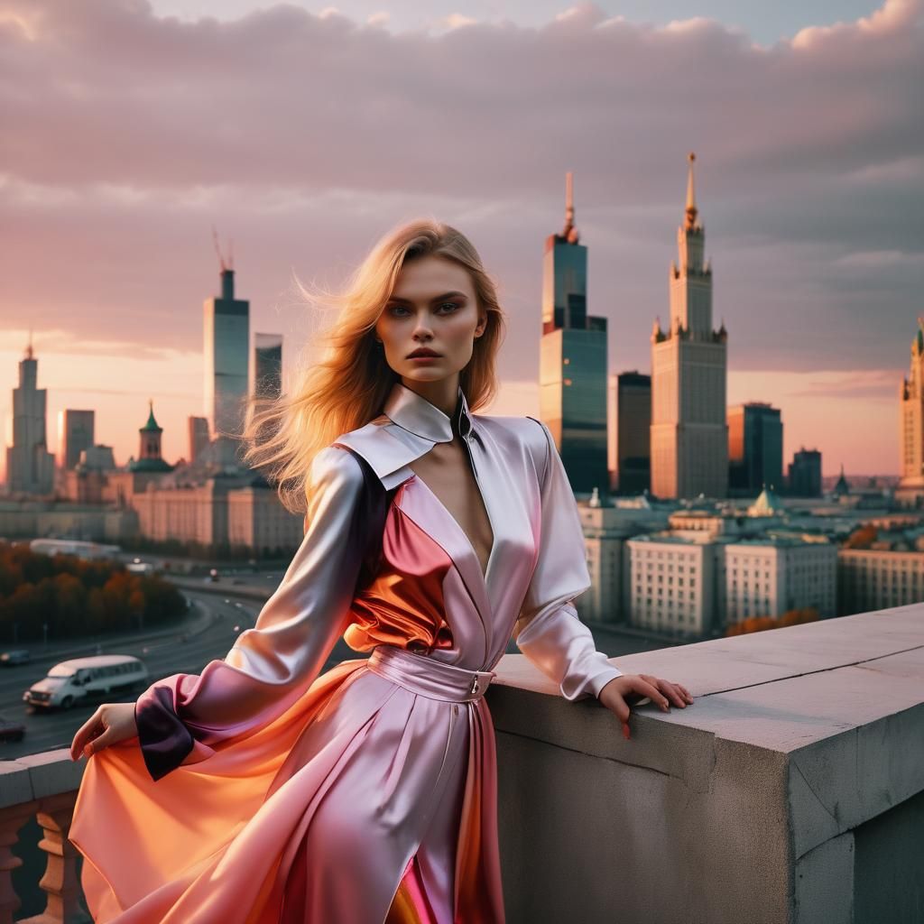 Fashion Model in Moscow Sunset, Helmut Newton Style