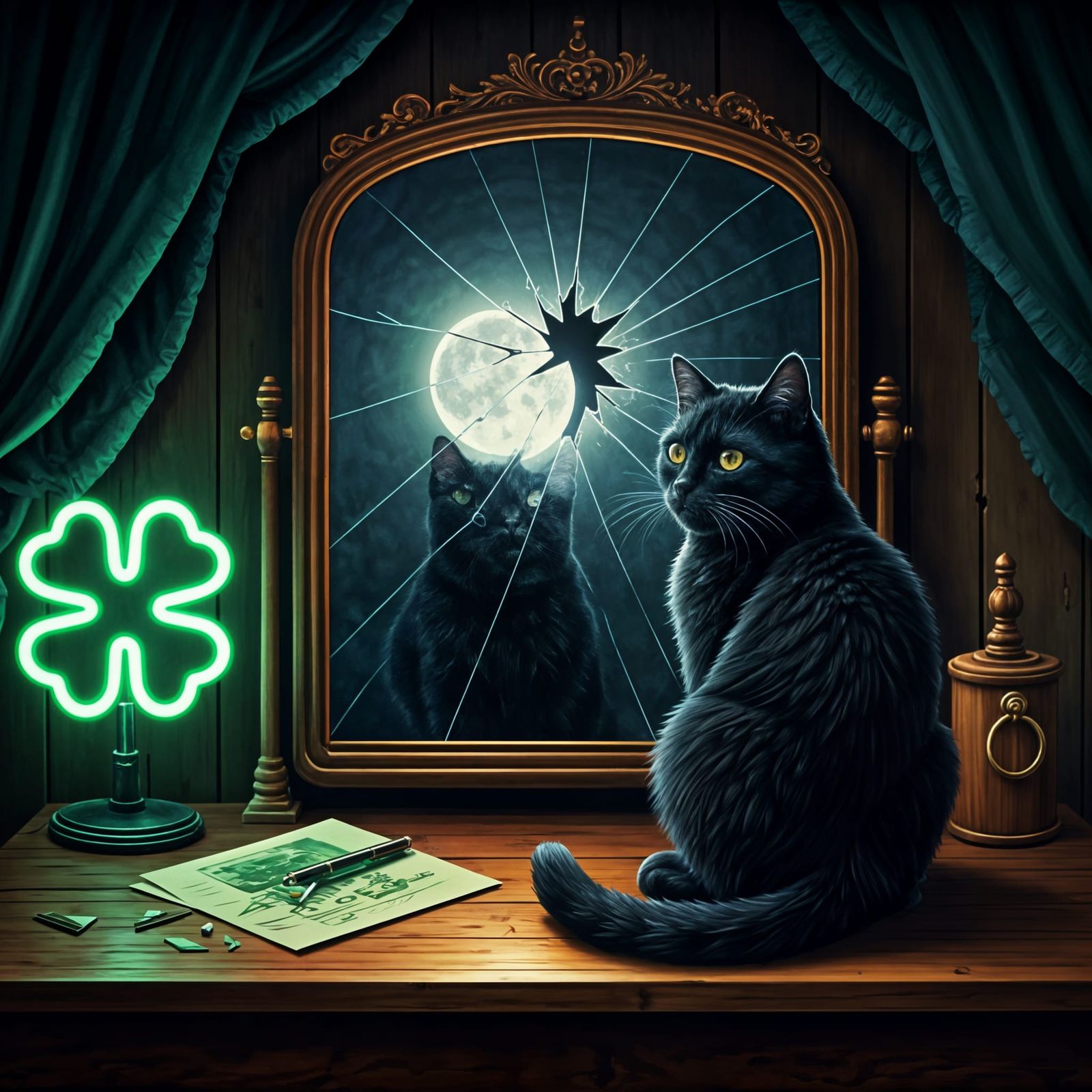 Black Cat, Broken Mirror, and Lucky Clover: Oil Painting