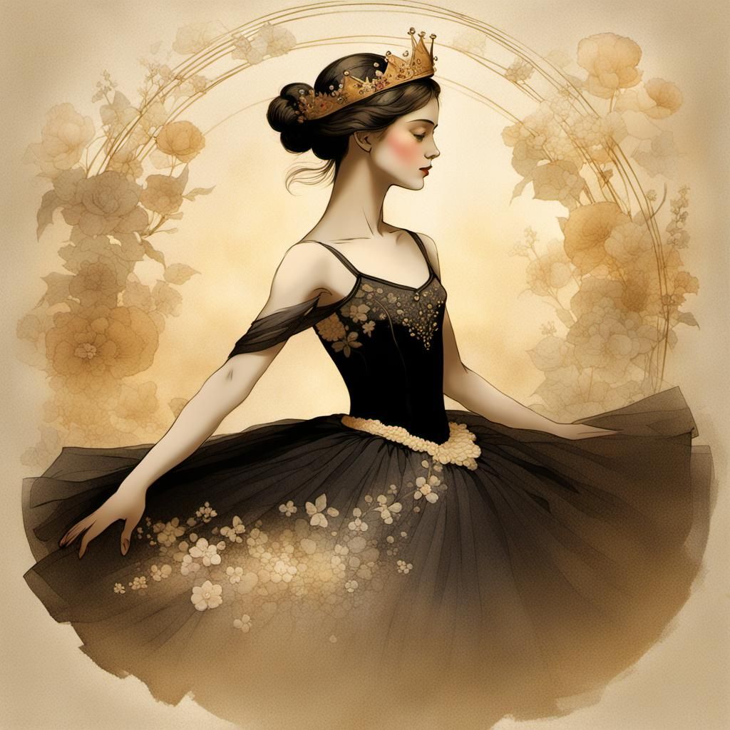 Ballerina in Black Tutu: Lithographic Vintage Style