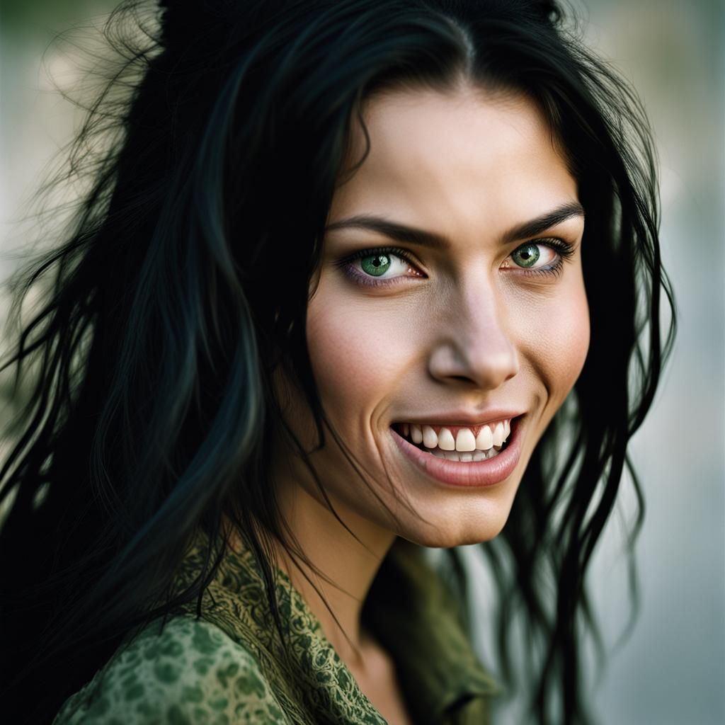 Intense Portrait of a Woman with Sharp Teeth