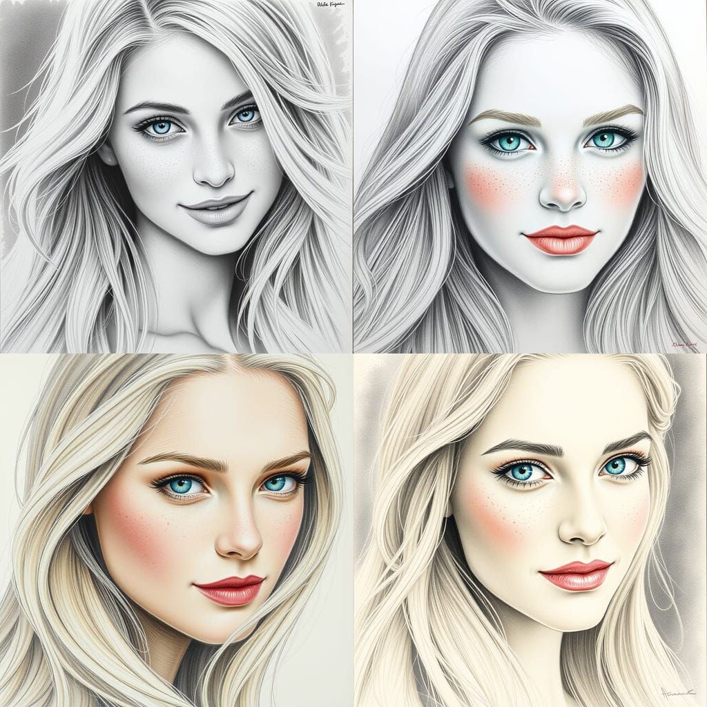 Pencil Sketch of a Gorgeous Woman with Freckles and Blonde H...