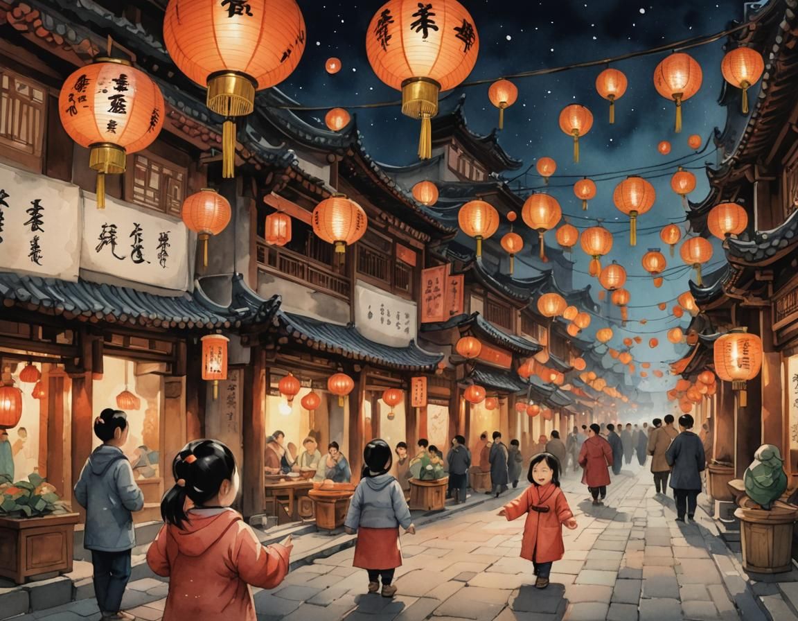 Spring Lantern Festival in China: Watercolor Street Scene