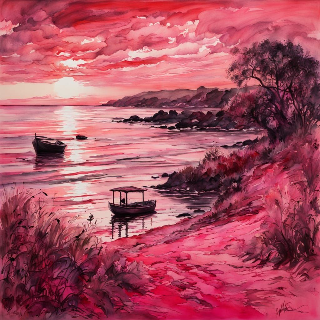 Pink and Red Beach Sunset in Impressionist Style