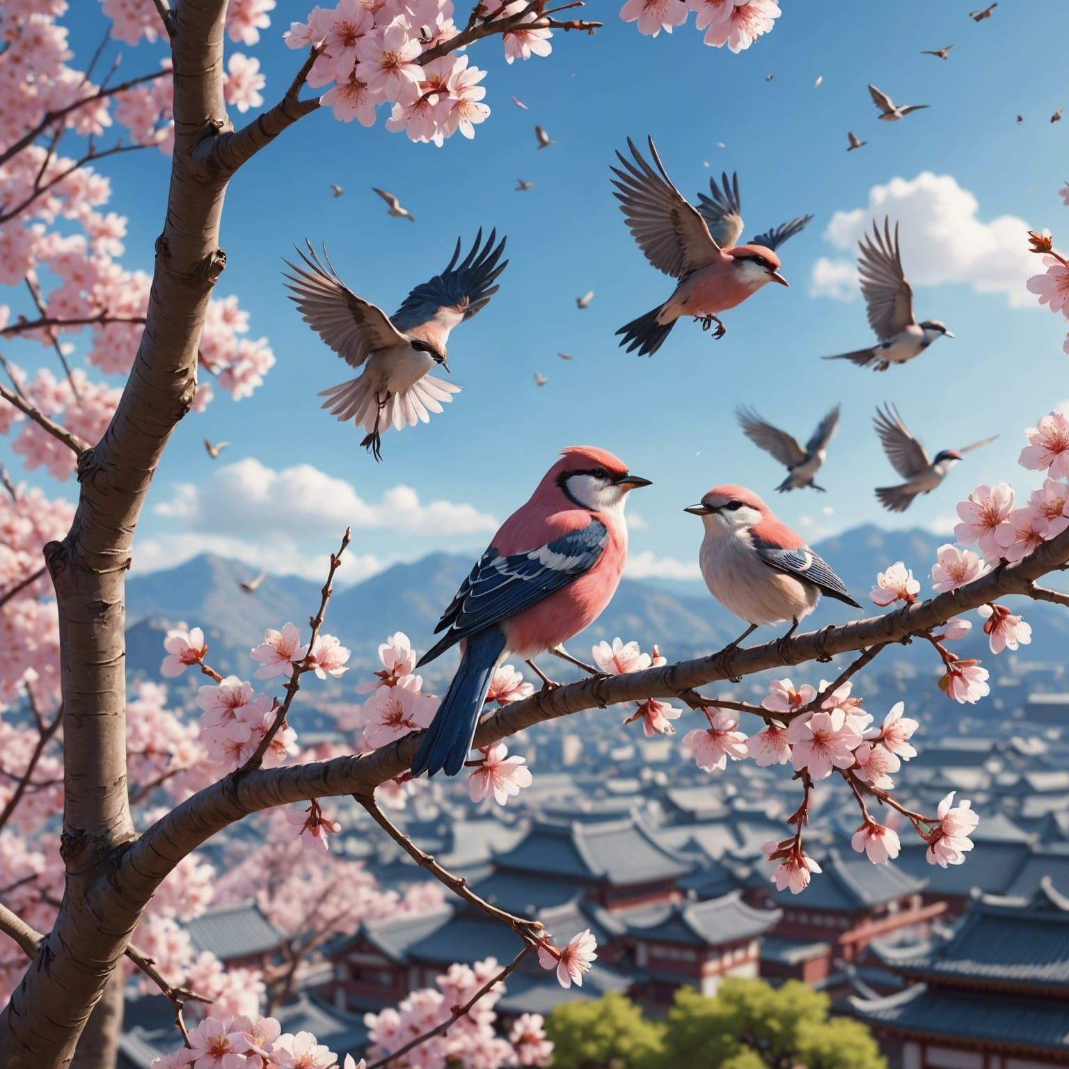 Sakura Blossoms and Birds: 3D Anime Art