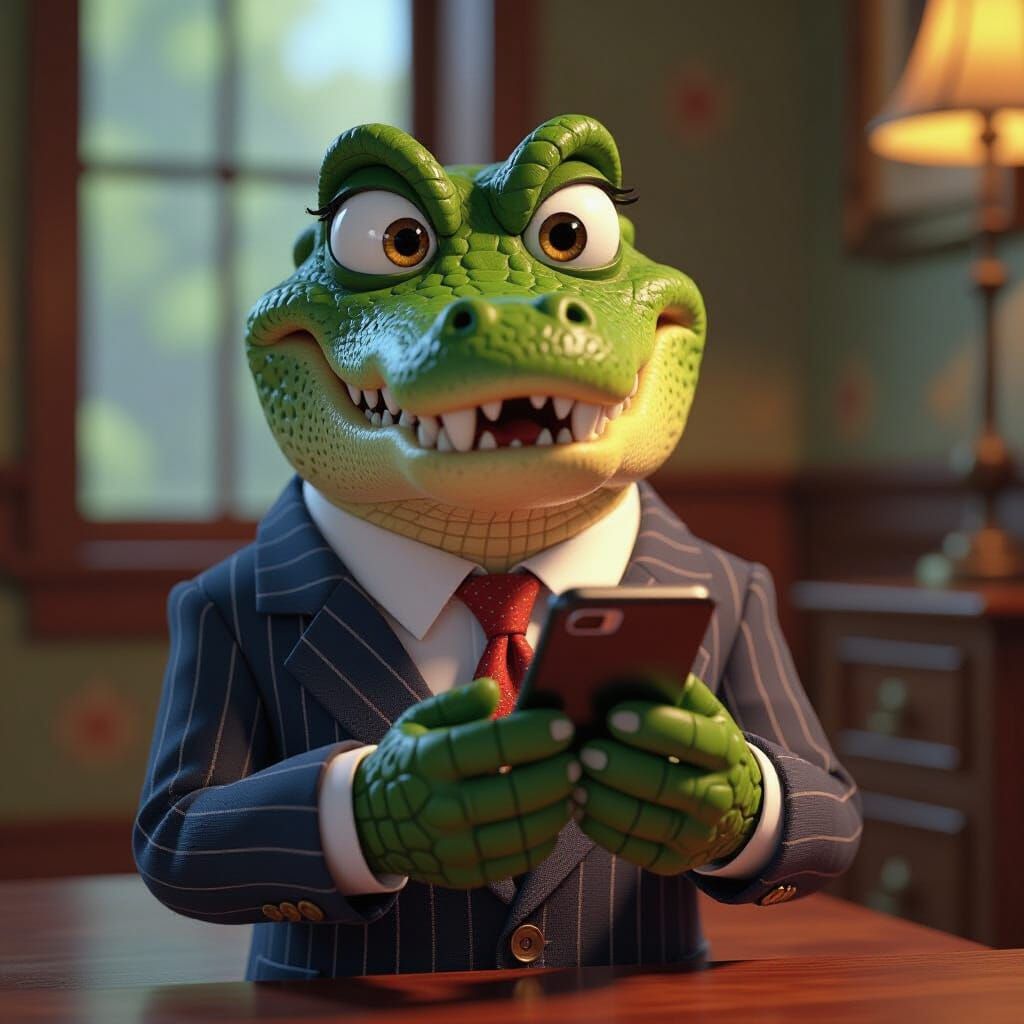 Grumpy Alligator Shocked by Smartphone in Pixar Style