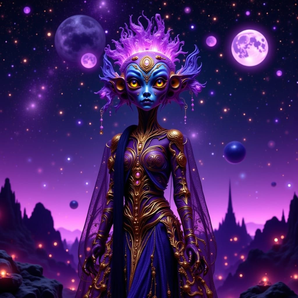 Bioluminescent Alien Woman in Sci-Fi Cityscape