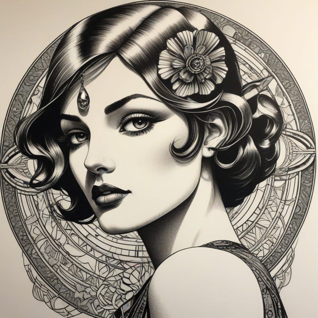 Elegant Art Deco Portrait in Ink Drawing Style