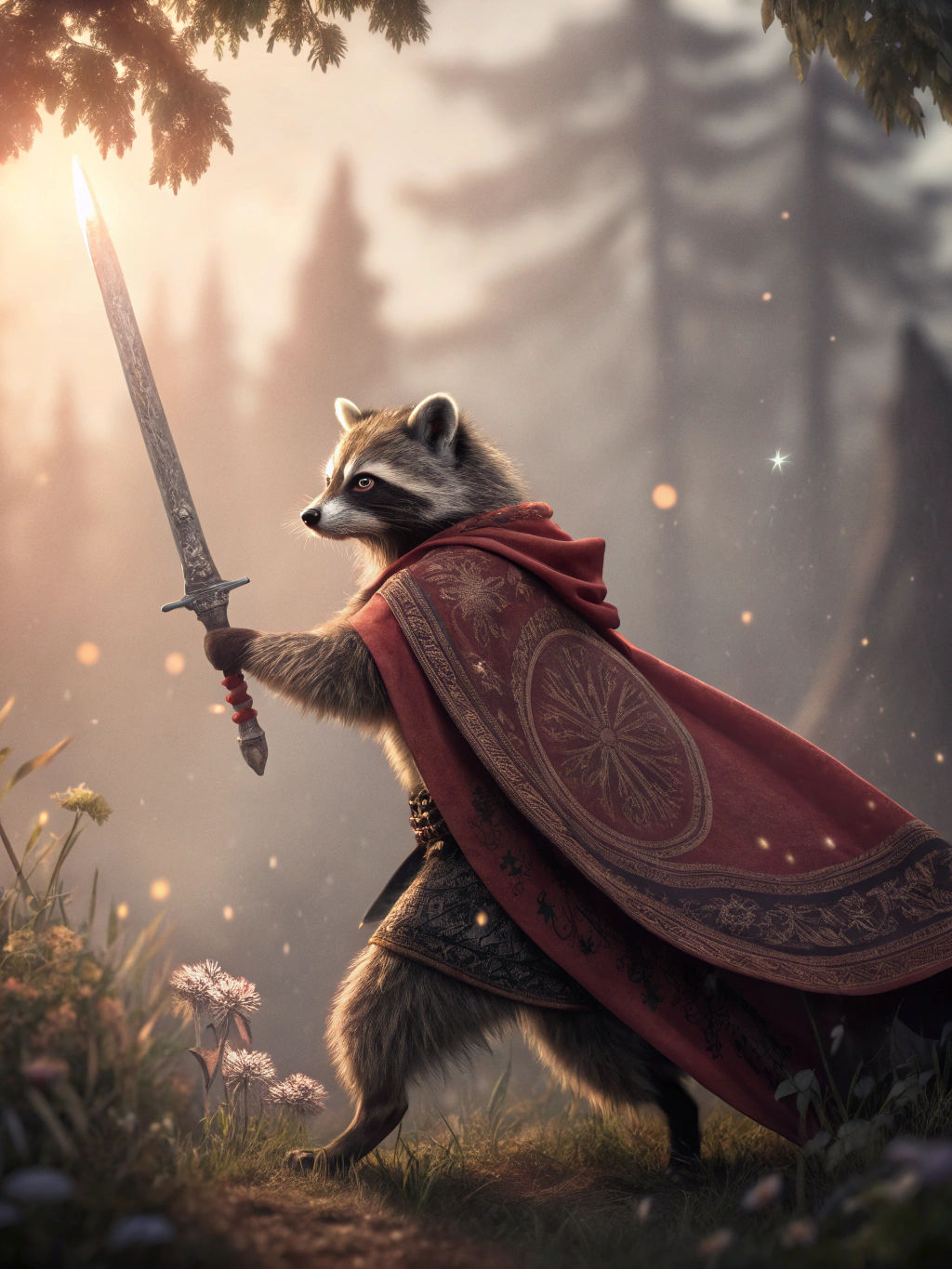 Raccoon Warrior with Sword in Ethereal Style