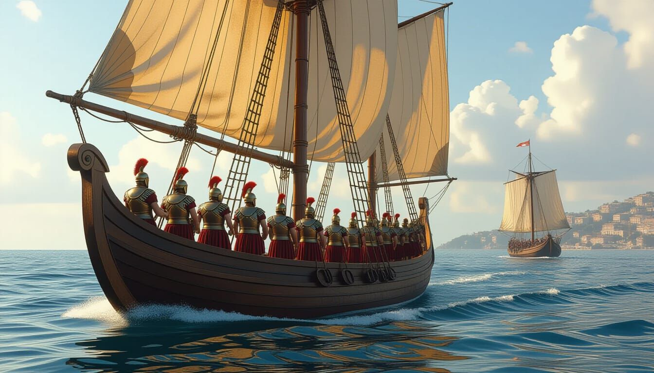 Roman Galley Sailing: Photorealistic Overhead View